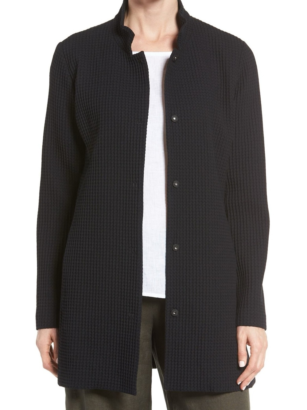 Eileen Fisher M Italy Knit Waffle Snap Jacket Mandarin Collar Stretch Comfy Eco